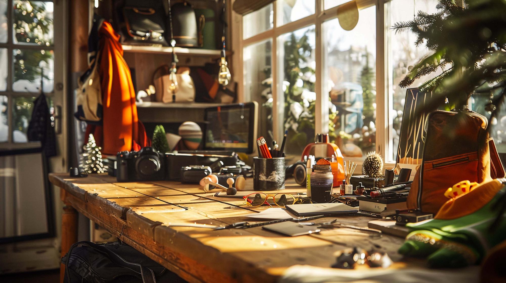Warm studio interior with workbench and tools